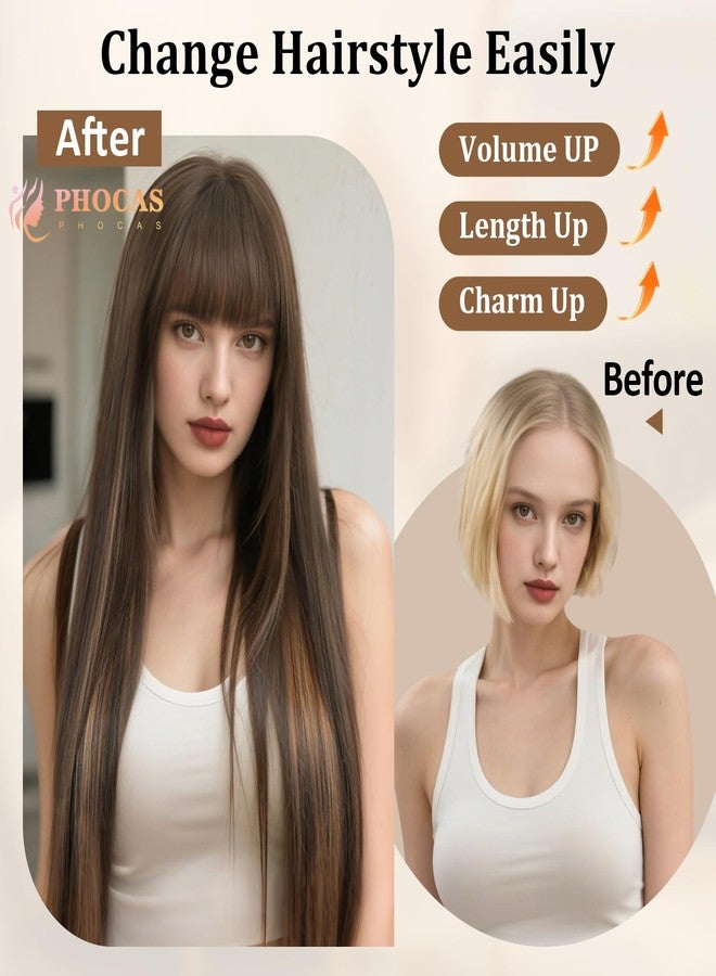 PHOCAS Long Brown Wig with Highlights Ombre Brown Wig with Blonde Highlights Wig 23'' Long Brown Wig with Bangs for Women Daily Use - Image 5